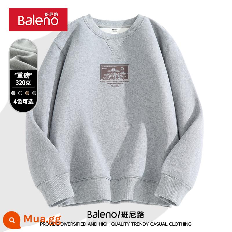 Baleno nam cổ tròn cotton dày T nam xuân thu 320g hạng nặng đơn giản cơ bản có mũ trùm đầu cỡ lớn áo khoác - Núi dòng màu xám #MB