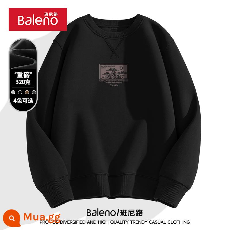 Baleno nam cổ tròn cotton dày T nam xuân thu 320g hạng nặng đơn giản cơ bản có mũ trùm đầu cỡ lớn áo khoác - Núi đen #MB Lines