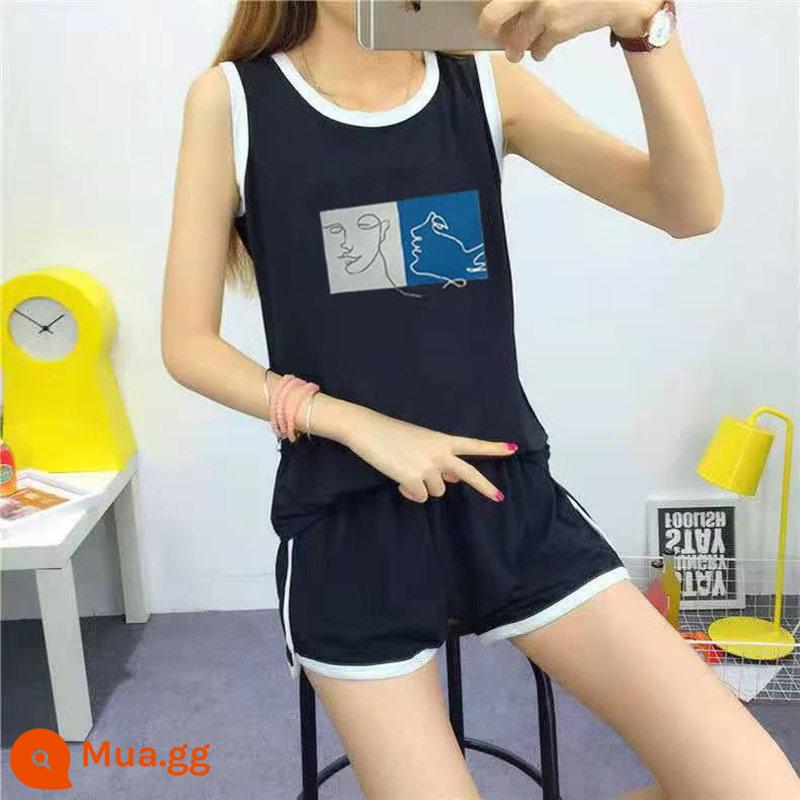 Bộ đồ thể thao thường ngày nữ không tay áo vest quần short chạy phù hợp với chất béo mm 2 bộ đồ mùa hè rộng kích thước lớn quần áo nữ - nhân vật bộ đồ đen