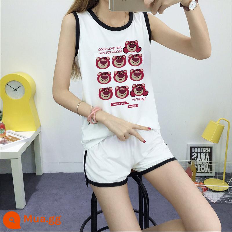 Bộ đồ thể thao thường ngày nữ không tay áo vest quần short chạy phù hợp với chất béo mm 2 bộ đồ mùa hè rộng kích thước lớn quần áo nữ - Gấu dâu tây trắng