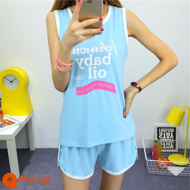 Bộ đồ thể thao thường ngày nữ không tay áo vest quần short chạy phù hợp với chất béo mm 2 bộ đồ mùa hè rộng kích thước lớn quần áo nữ - Màu xanh (phiên bản cao cấp)