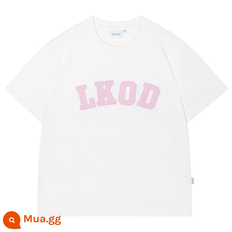 LK STORE LKOD 2023 Da Mới Nhãn Triều Thương Hiệu Cổ Tròn Quần Lót Cotton Nguyên Chất Tay Ngắn Áo Thun Mùa Hè - Màu trắng (chữ màu hồng)