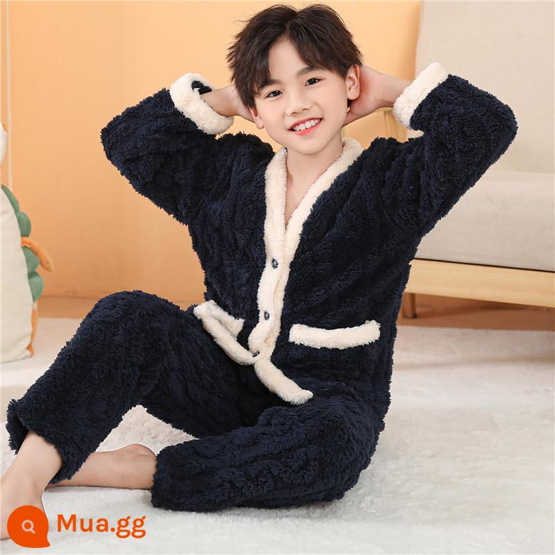 Bộ đồ ngủ trẻ em mùa đông Plus nhung dày bé trai mùa đông bé gái bé trai flannel bé gái san hô mặc nhà quần áo - Nam viền trắng xanh navy