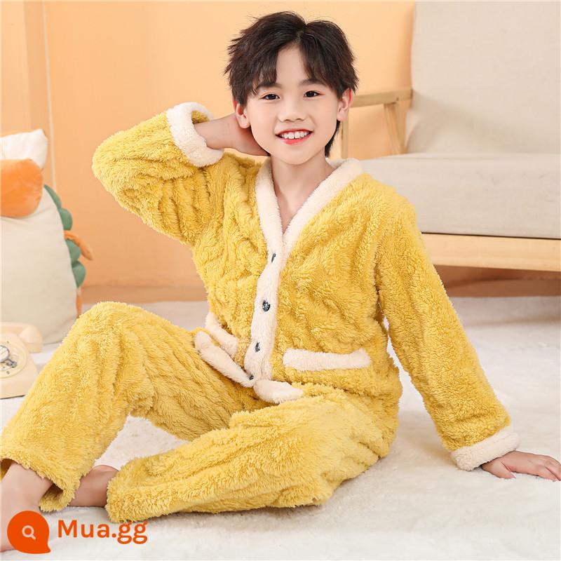 Bộ đồ ngủ trẻ em mùa đông Plus nhung dày bé trai mùa đông bé gái bé trai flannel bé gái san hô mặc nhà quần áo - đực viền trắng vàng chanh