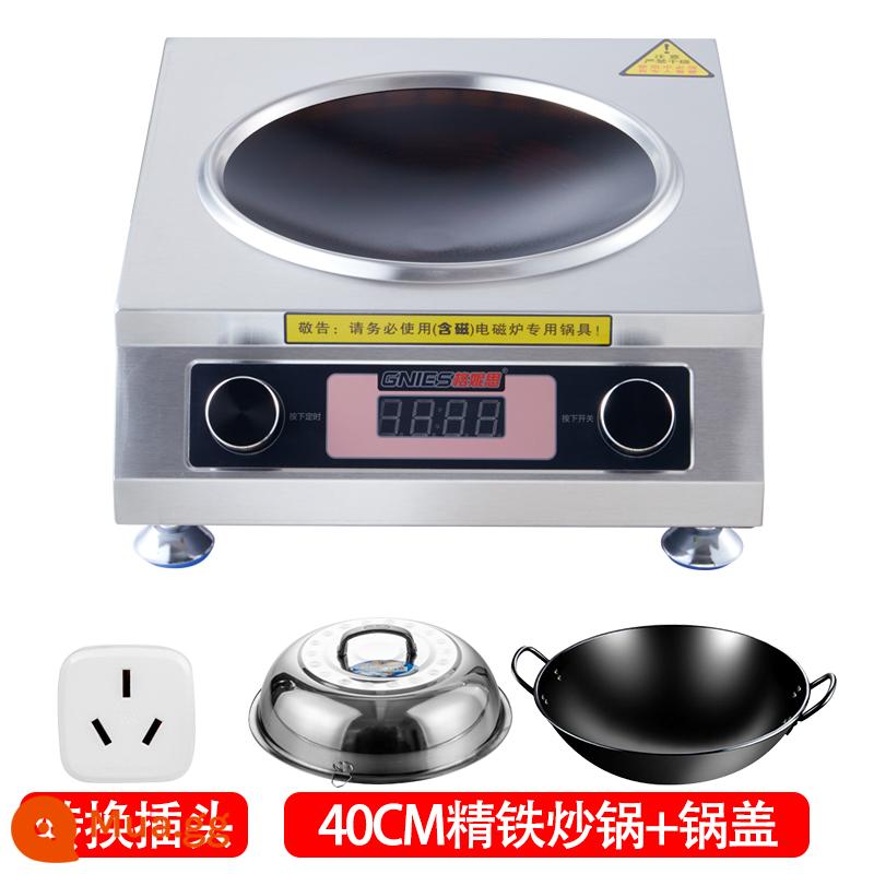 Bếp điện từ thương mại công suất cao 3500W lõm hộ gia đình Khách sạn 4200W với ngọn lửa dữ dội bếp điện từ mới lò chiên - Núm đôi + Nồi sắt đen 40CM (thích hợp cho 3-10 người)