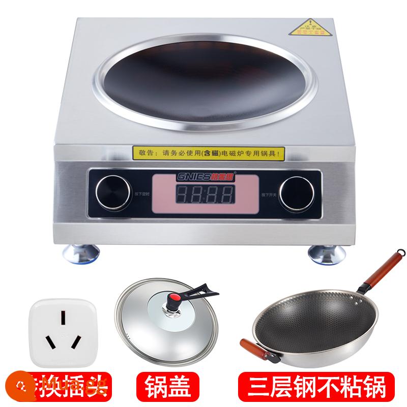 Bếp điện từ thương mại công suất cao 3500W lõm hộ gia đình Khách sạn 4200W với ngọn lửa dữ dội bếp điện từ mới lò chiên - Núm đôi + chảo chống dính thép 33,5CM (thích hợp cho 1-6 người)