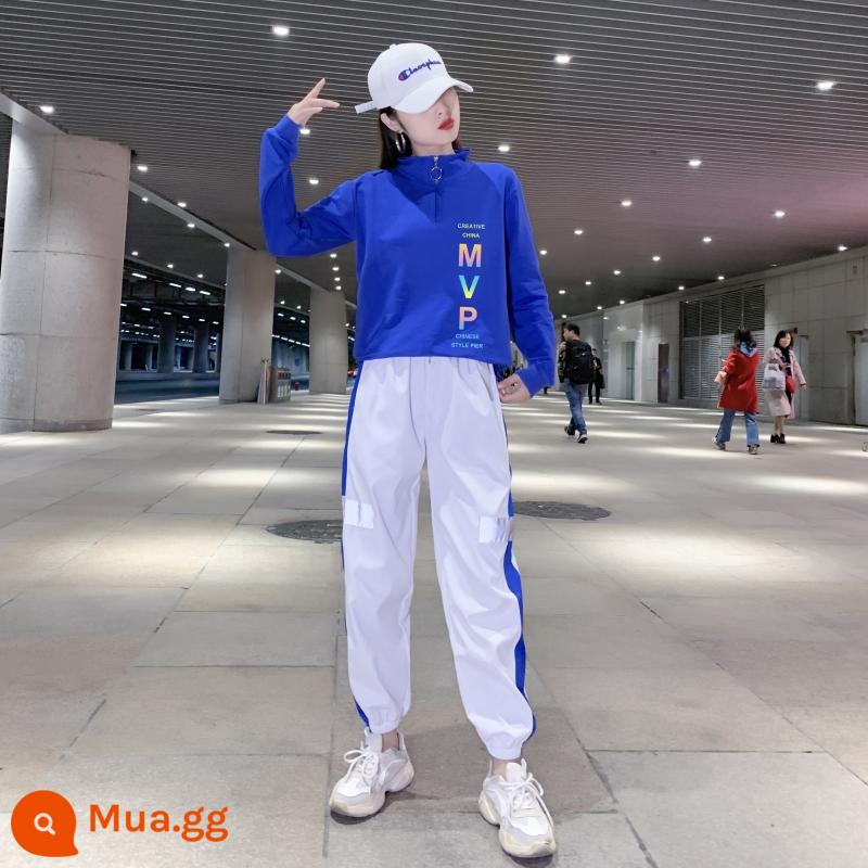 Yang Liping khiêu vũ vuông thể thao thể dục nhịp điệu quần áo mới giản dị thể thao hip-hop thời trang phù hợp với nữ 2022 - 8895 quần trắng xanh + vest dài tay xanh 6302