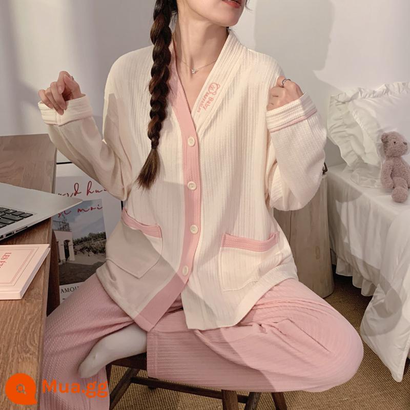 Bộ đồ ngủ bằng cotton thêu chữ cái dài tay mùa xuân và mùa thu của phụ nữ áo cardigan mỏng cảm giác tiên tiến mùa thu phục vụ tại nhà bộ đồ hai mảnh - Hồng[43297 mẫu]