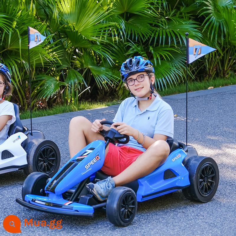 Xe điện trẻ em drift go-kart có thể ngồi người lớn, đàn ông, phụ nữ và trẻ em xe đồ chơi bốn bánh sạc mạng xe đẩy người nổi tiếng - Màu xanh cao cấp/bánh drift/động cơ 750/24V14A/đèn âm thanh/ghế da