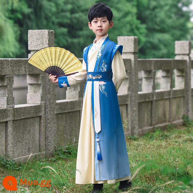 Hanfu nam 2023 mùa xuân mới và mùa hè cao cấp dành cho trẻ em nghiên cứu Trung Quốc thiếu gia trang phục biểu diễn trang phục cổ trang Tang phù hợp với phong cách Trung Quốc siêu cổ tích - quạt + xanh