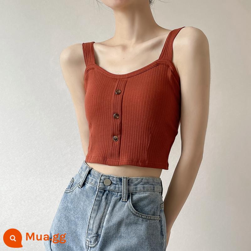 Áo vest ngắn bằng cotton phối ren có đệm ngực Áo khoác ngoài nữ kiểu Pháp không tay dây rốn dáng ôm vừa vặn đáy hợp thời trang - Gạch đỏ