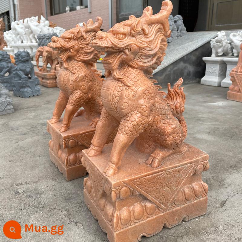 Đá khắc Kirin Một cặp Hanbai Jade Unicorn Auspicy Beasts, Green Stone, Sunset Red Animal Stor - Sunset Red, cao 50cm, có đôi, dài 28cm, rộng 18cm