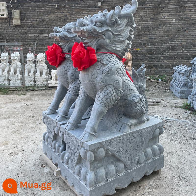 Đá khắc Kirin Một cặp Hanbai Jade Unicorn Auspicy Beasts, Green Stone, Sunset Red Animal Stor - Đá xanh cao 1,2m, đôi, dài 60cm, rộng 40cm