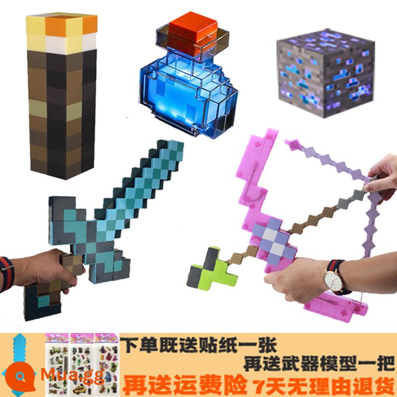 Minecraft Vũ Khí Đèn Đèn Thợ Mỏ Đèn Quặng Đuốc Đèn Pin Đổi Màu Bình Thuốc Nơ Mũi Tên Kiếm Cuốc Khiên Ngoại Vi Đồ Chơi - Kiếm và cuốc 2 trong 1 + cung mê hoặc + đuốc, bình thuốc, quặng xanh