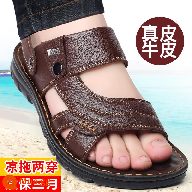 Giày sandal mùa hè cho nam đế mềm bằng da thuộc kiểu chim gõ kiến ​​Giày đi biển thông thường cho nam mang bên ngoài chống trượt Dép bố và dép nam công dụng kép - Mẫu 9801 màu nâu