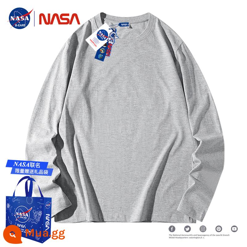 Áo thun cotton dày dặn dài tay thương hiệu NASA thu đông TT nữ cotton nguyên chất hợp thời trang dáng rộng cổ tròn có đáy áo sơ mi - xám nhạt