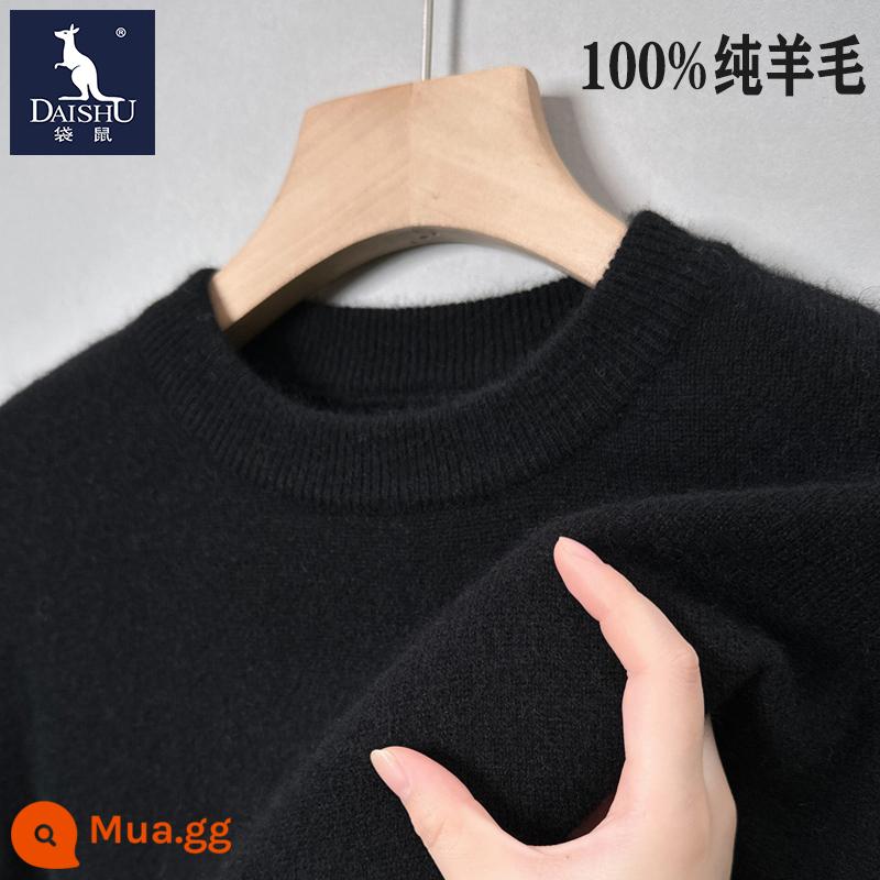 Kangaroo 100% nguyên chất áo len nam mùa đông mới cổ tròn dáng rộng áo len dệt kim ấm áp cashmere đáy áo len - [Gói Đơn] Cổ Tròn Màu Đen Dày