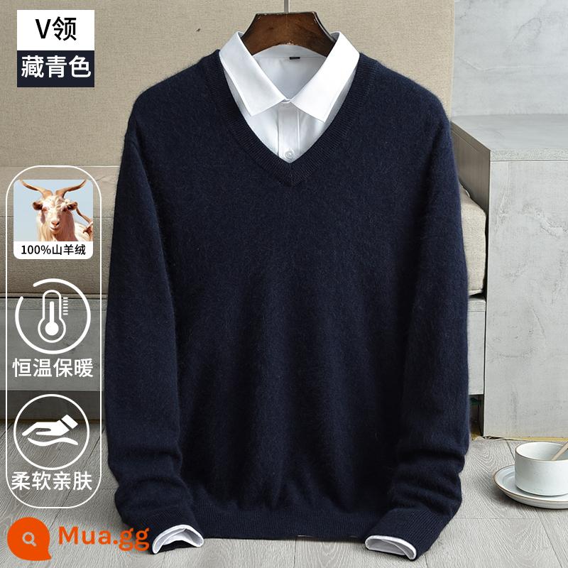 Ordos 100 Cashmere Pure Cashmere Đàn ông dày V -Neck Áo len mùa thu và mùa đông V -Neck Wool Shirt - Màu xanh hải quân (cổ chữ V)