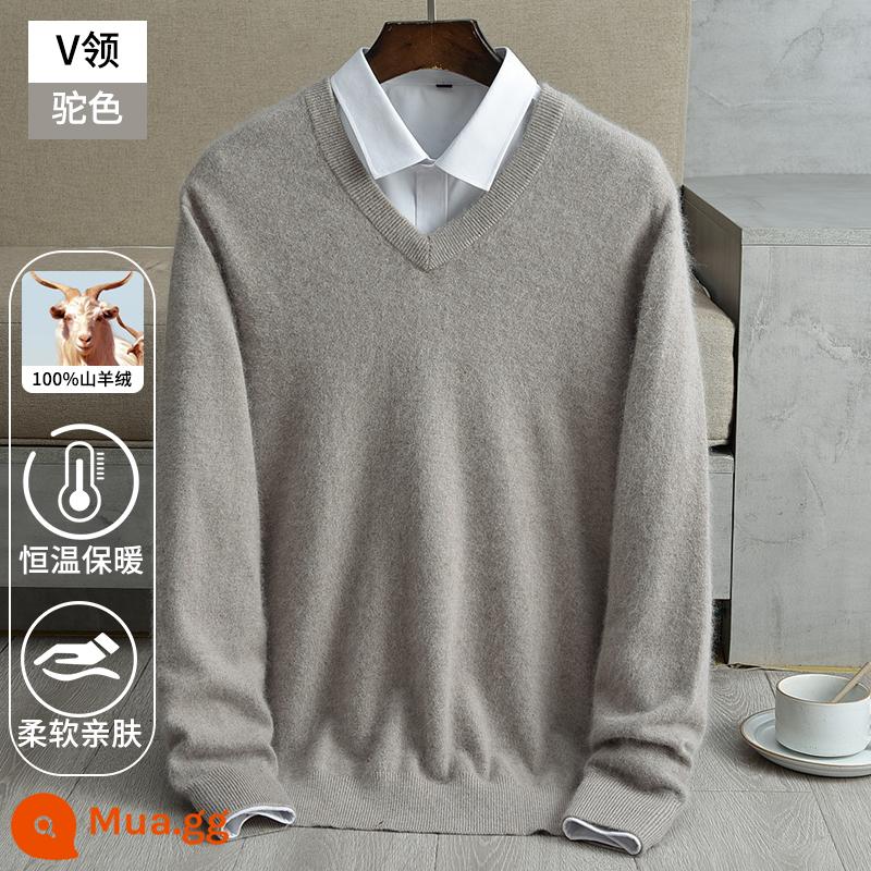 Ordos 100 Cashmere Pure Cashmere Đàn ông dày V -Neck Áo len mùa thu và mùa đông V -Neck Wool Shirt - Màu be (cổ chữ V)