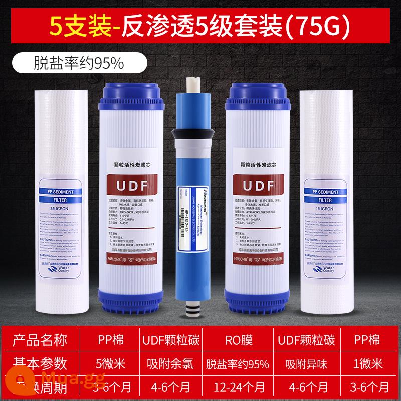 Máy lọc nước lõi lọc gia đình bộ 5 cấp lọc đa năng 10 inch máy lọc nước uống trực tiếp ro thẩm thấu ngược lõi lọc 75G - 2 bông + 2 than UDF + RO75G