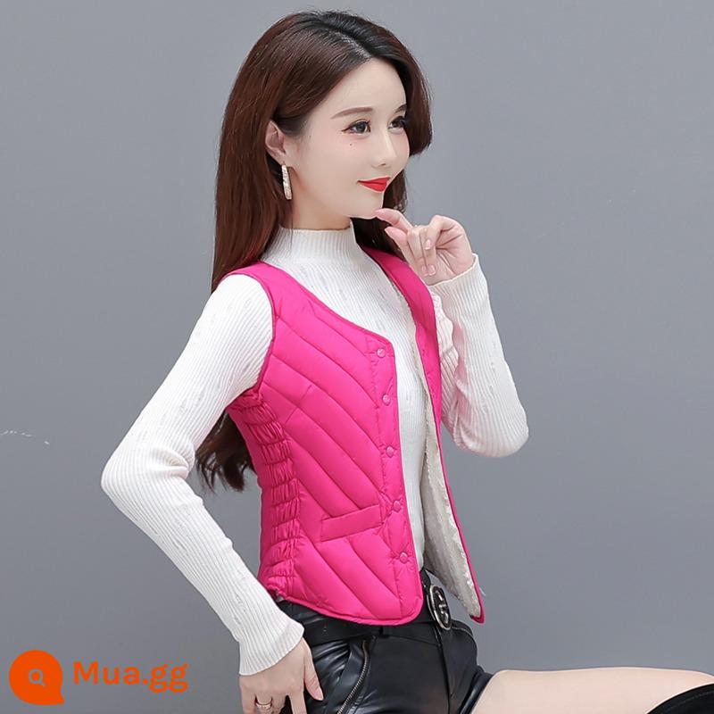 2023 Mới Mùa Thu Đông Xuống Cotton Áo Vest Nữ Nhung Dày Ấm Ngắn Cổ Chữ V Áo Mỏng Đa Năng Lớp Lót - Màu đỏ hồng-Phiên bản thường