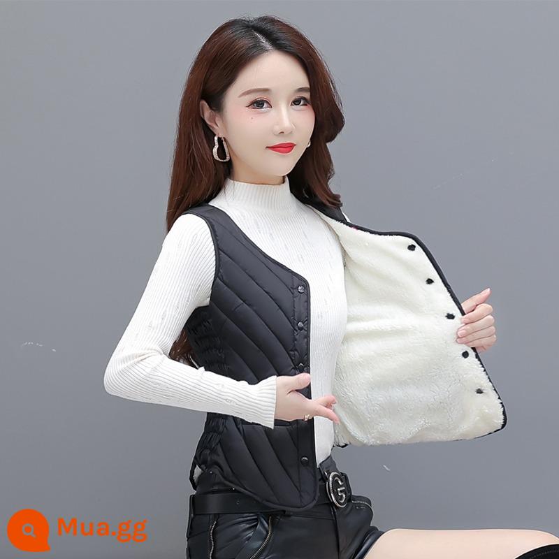 2023 Mới Mùa Thu Đông Xuống Cotton Áo Vest Nữ Nhung Dày Ấm Ngắn Cổ Chữ V Áo Mỏng Đa Năng Lớp Lót - Phiên bản đen-thường