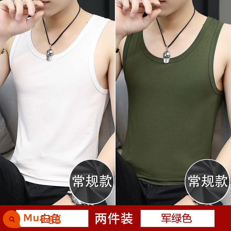 2 cái] Modal Nam Cổ Tròn Vest Mùa Hè Mới Băng Lụa Cotton Không Tay Vượt Rào Thể Thao Nam Xu Hướng - Trắng + Xanh quân đội [Hai gói]