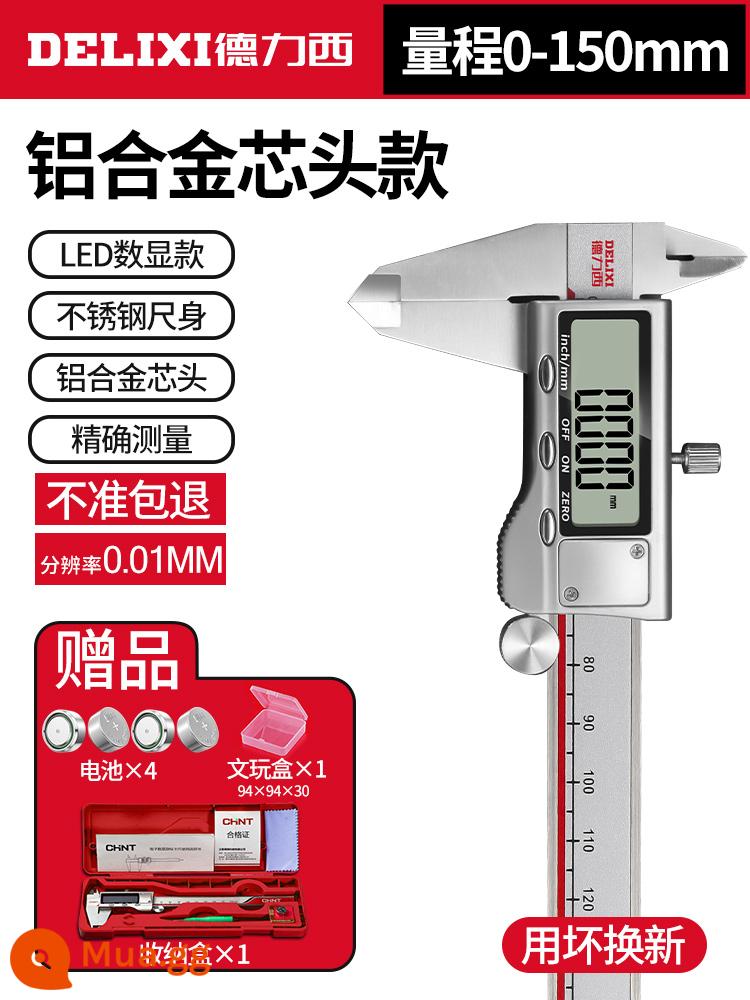 Delixi caliper độ chính xác cao vernier caliper hiển thị kỹ thuật số kỹ thuật số điện tử nhỏ nhựa trang sức ngọc lục bảo đo lường 877 - Thước cặp kỹ thuật số bằng thép không gỉ nâng cấp 150mm [Tặng 4 pin + hộp đựng + hộp đồ chơi]