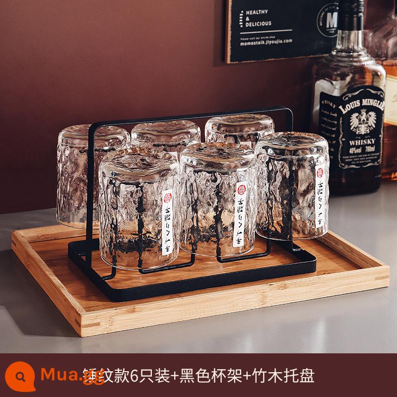 Ly uống rượu whisky Suning sáng tạo Nhật Bản bộ ly uống bia tại nhà bộ ly uống rượu ngoại 947g - Bộ 6 mẫu búa + ngăn đựng cốc đen + khay tre