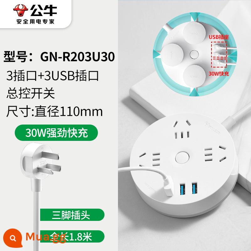 301 bull socket row plug-in board drag line with line round plug-in row đa chức năng usb home leo tường ổ cắm - 3 ổ cắm+2USB+sạc nhanh 30W 1.8m R203U30