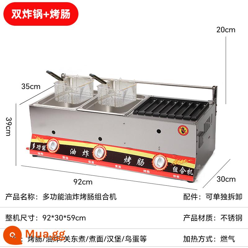 Máy xúc xích nướng vàng giòn máy bán hàng gas thương mại máy chiên hai trong một máy tấm sắt ven đường trứng chim tinh bột xúc xích - Nồi chiên đôi + xúc xích nướng + nắp