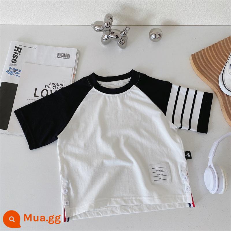 Áo thun bé trai cotton nguyên chất dài tay dáng rộng hợp thời trang cổ tròn nối mùa xuân thu tay áo raglan bé áo sơ mi trẻ em có đáy dành cho nam - Tay áo ngắn màu đen có sẵn