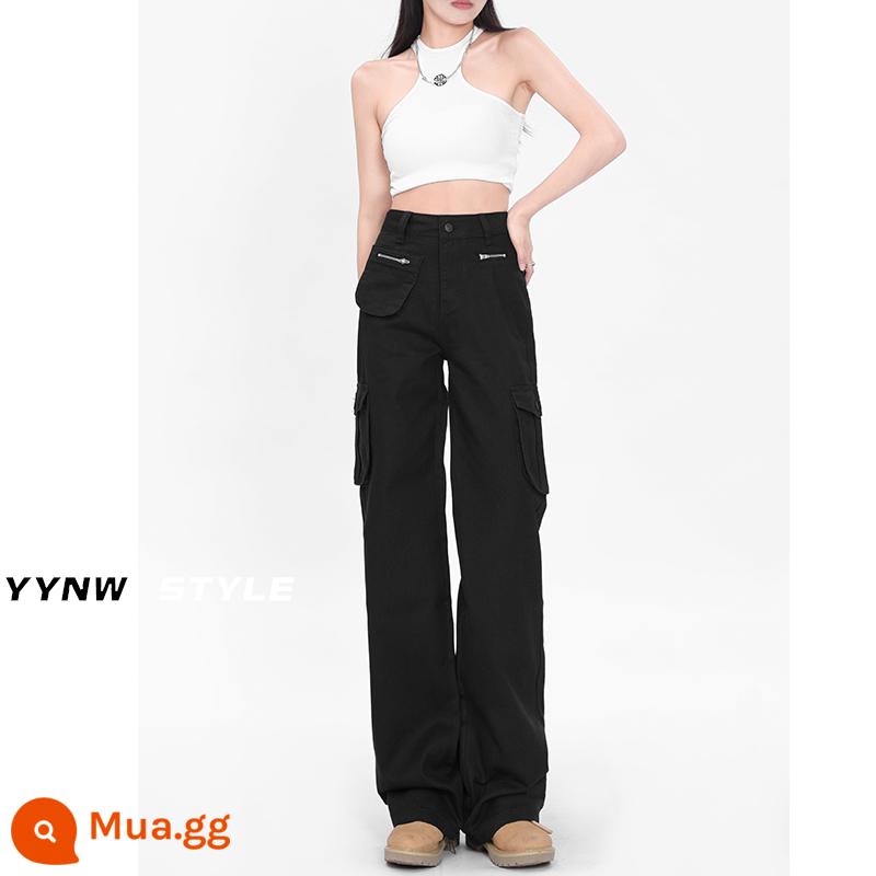 Quần yếm đen kiểu Mỹ denim nữ thiết kế mùa xuân 2023 cảm giác thích hợp quần thẳng ống rộng hợp thời trang ins high street - quần đen)