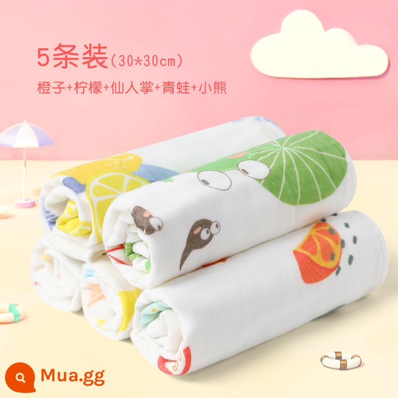 Khăn trẻ em Jie Liya cotton nguyên chất cotton rửa mặt hộ gia đình khăn gạc cho bé khăn tắm bé gái và bé trai - [5 Gói] Cam chanh (30*30cm) 6 lớp sợi