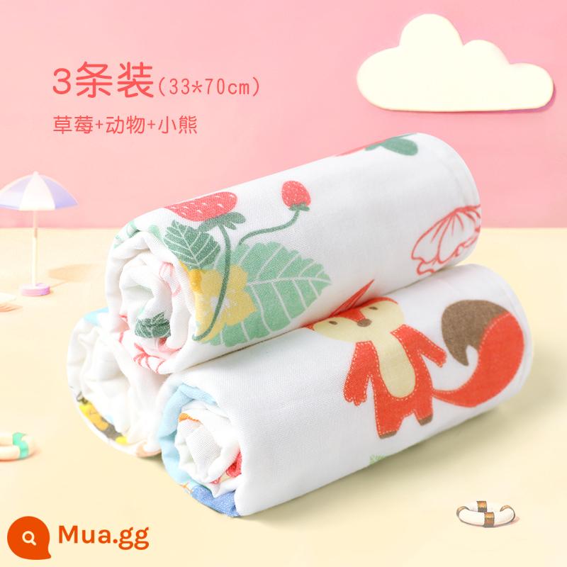 Khăn trẻ em Jie Liya cotton nguyên chất cotton rửa mặt hộ gia đình khăn gạc cho bé khăn tắm bé gái và bé trai - [3 Gói] Gấu Dâu (33*70cm) 6 lớp sợi