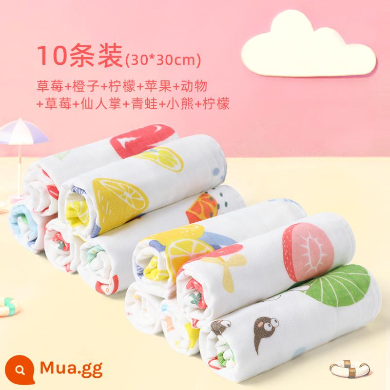 Khăn trẻ em Jie Liya cotton nguyên chất cotton rửa mặt hộ gia đình khăn gạc cho bé khăn tắm bé gái và bé trai - [10 gói] Cam Dâu + Gấu Ếch 30*30cm