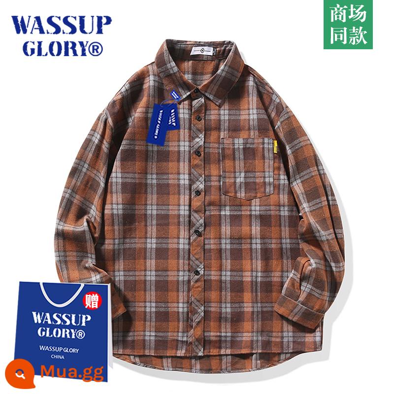 WASSUP GLORY Mỹ retro áo sơ mi kẻ sọc nam dài tay mùa thu cao cấp thường ngày phong cách Hồng Kông áo sơ mi áo khoác - Lưới xám cà phê C2160