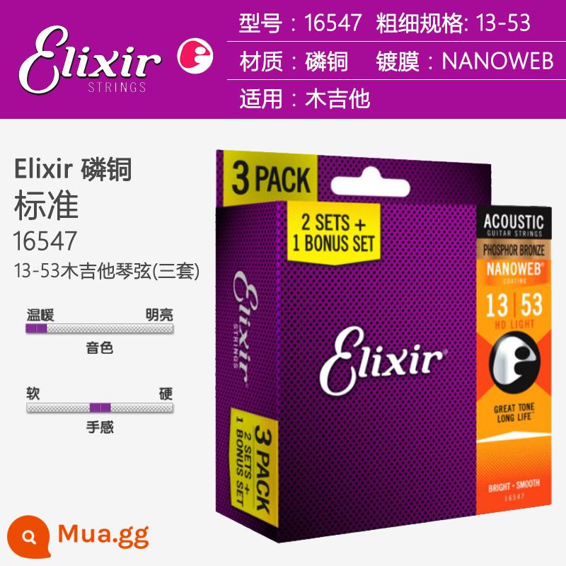 Dây đàn guitar gỗ Elixir Elixir 16027/16052/11521253 bằng đồng phủ phốt pho đồng chống gỉ - 16547 (13-53) Dây đàn guitar acoustic bằng đồng phốt pho NANOWEB (bộ ba)