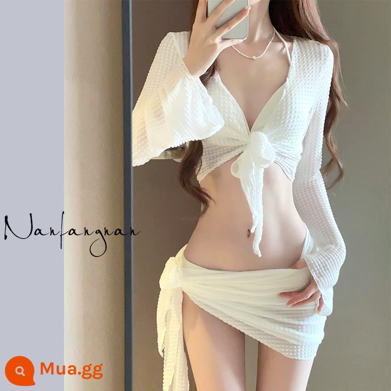 Bộ Đồ Bơi Bikini Nữ 2023 Mới Bộ 4 Đồ Bơi Hai Mảnh Màu Trắng Gợi Cảm Cao Cấp Khu Nghỉ Dưỡng Suối Nước Nóng Tam Á - màu trắng kem