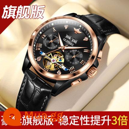 Đồng Hồ Chính Hãng Thụy Sỹ Nam Cơ Tự Động Chống Thấm Nước Tourbillon Thời Trang Chính Hãng Dây Dạ Quang Thương Hiệu Nam - Phiên bản Flagship da đen giữa đen