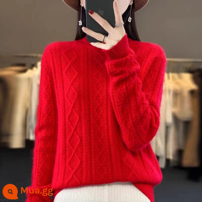 Hengyuanxiang Group Áo len cashmere đầy màu sắc dành cho nữ Cổ rùa nửa rộng Áo len dệt kim dày mùa thu đông - Trung Quốc đỏ