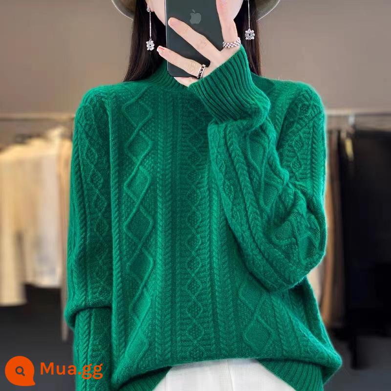 Hengyuanxiang Group Áo len cashmere đầy màu sắc dành cho nữ Cổ rùa nửa rộng Áo len dệt kim dày mùa thu đông - ngọc lục bảo