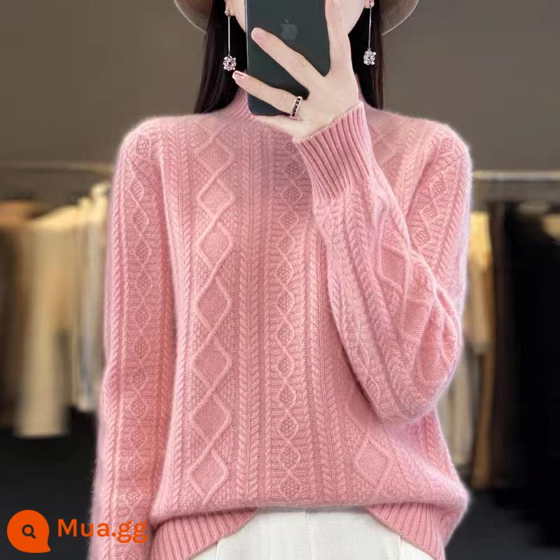 Hengyuanxiang Group Áo len cashmere đầy màu sắc dành cho nữ Cổ rùa nửa rộng Áo len dệt kim dày mùa thu đông - Hồng