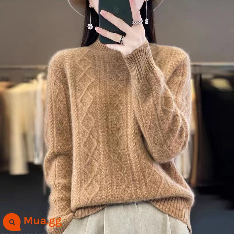 Hengyuanxiang Group Áo len cashmere đầy màu sắc dành cho nữ Cổ rùa nửa rộng Áo len dệt kim dày mùa thu đông - lạc đà vàng