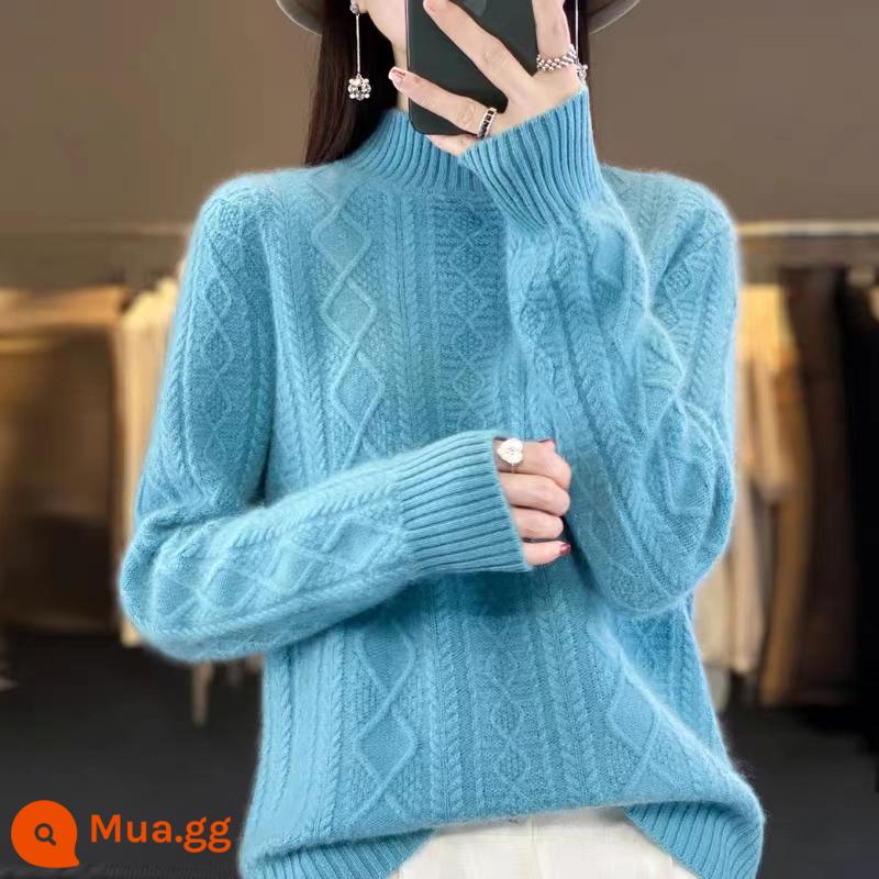 Hengyuanxiang Group Áo len cashmere đầy màu sắc dành cho nữ Cổ rùa nửa rộng Áo len dệt kim dày mùa thu đông - cái hồ màu xanh