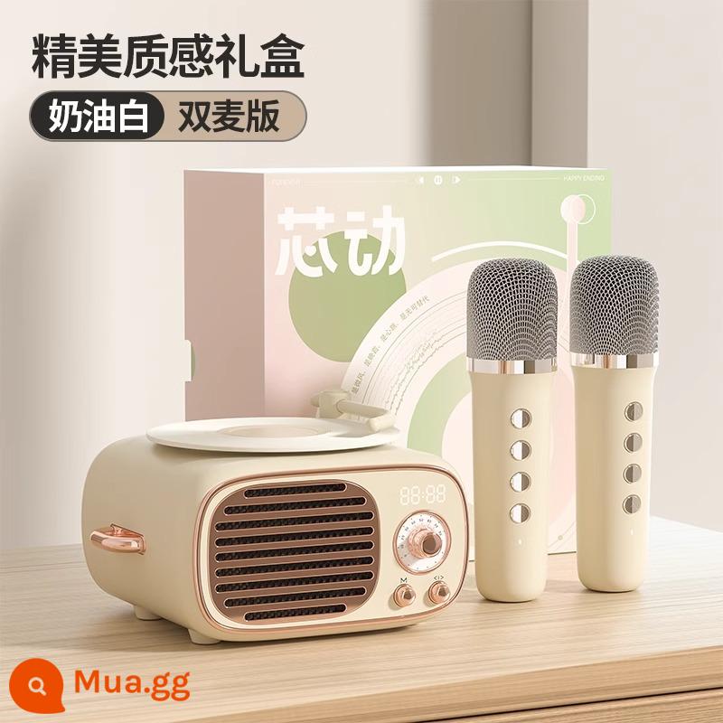 Đồng hồ báo thức ghi âm vinyl âm thanh cổ điển Đồng hồ báo thức Bluetooth micro karaoke không dây tại nhà làm quà tặng sinh nhật cho người bạn thân nhất của bạn - [Màu vàng kem★Phiên bản lúa mì đôi]★Micro cao cấp★Bluetooth 5.3★Âm thanh vòm 360°★