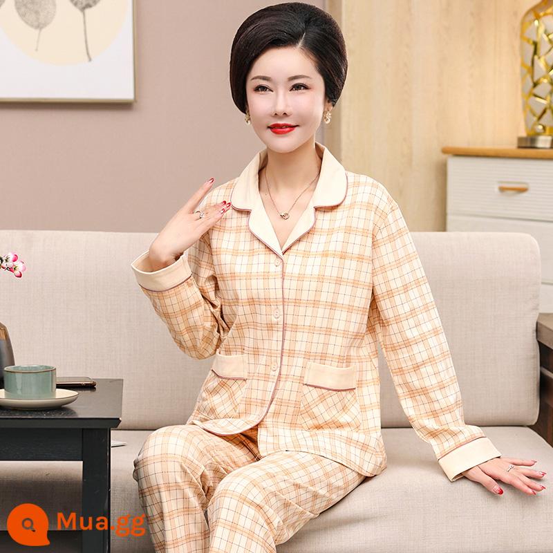 Bộ đồ ngủ mùa xuân và mùa thu dài tay cotton nguyên chất cho phụ nữ trung niên và bà mẹ cao tuổi người trung niên cotton cỡ lớn phục vụ tại nhà phù hợp với mỏng - 10525