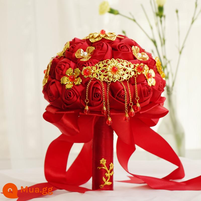 Bó Hoa Cô Dâu Handmade Lụa Hoa Trung Quốc Cưới Cô Dâu Chụp Ảnh Cưới Mô Phỏng Hoa Hồng Đỏ Phong Cách Trung Hoa Xiuhe Quần Áo - mặt dây chuyền hoa hồng đỏ