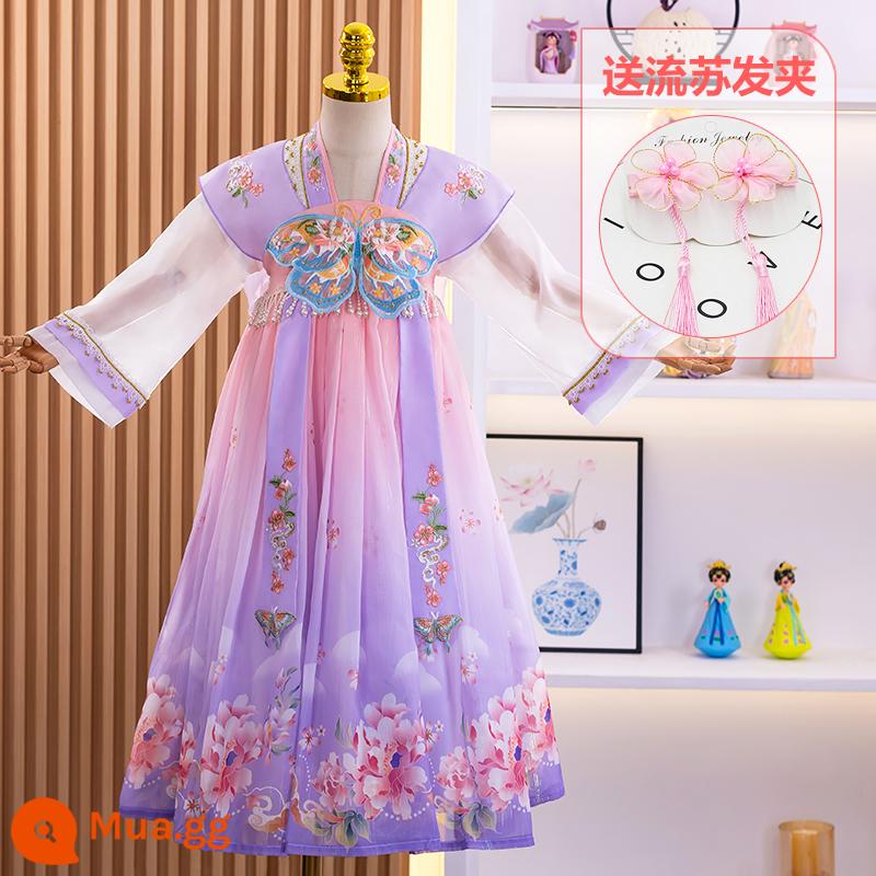 Hanfu Bé Gái Phong Cách Mùa Hè 2023 Trẻ Em Mới Cổ Trang Phục Trang Phục Siêu Tiên Sườn Xám Cô Gái Mùa Hè Cổ Đường Phù Hợp Với Mùa Hè - 110 phụ kiện tóc tua rua miễn phí màu tím