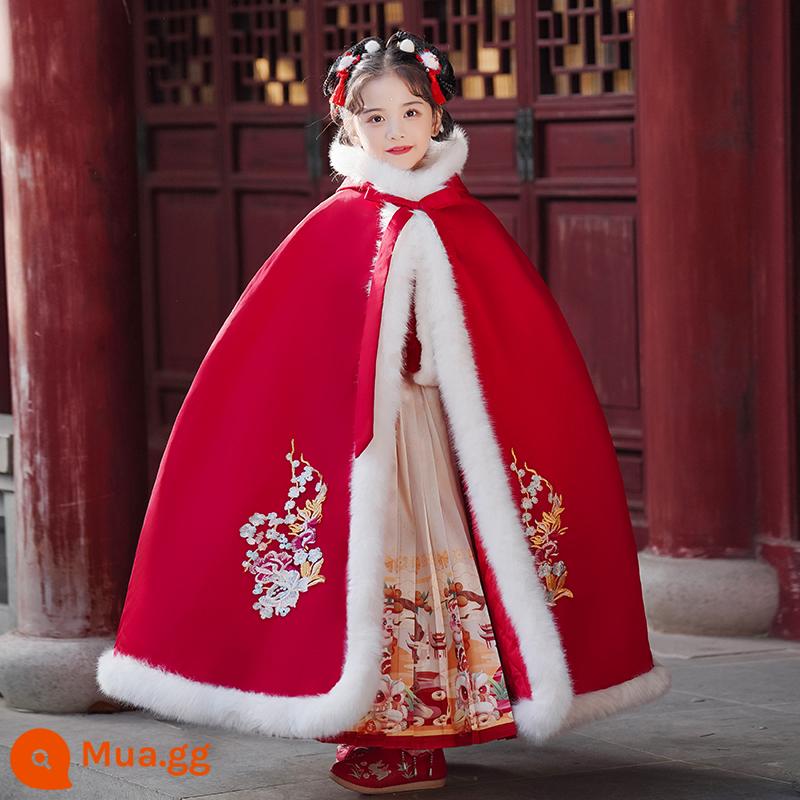 Quần áo đêm giao thừa Bé gái Váy mặt ngựa 2023 Mùa thu đông mới Hanfu cho trẻ em Quần áo năm mới Mùa đông Lễ hội năm mới Phong cách mùa đông - Áo choàng ấm màu đỏ [chăn bông dày]